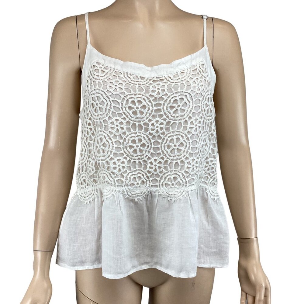 120% Lino‎ Top Size Small Crochet Lace-Trimmed White Linen Peplum